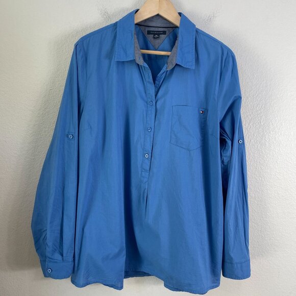 Tommy Hilfiger Womens Plus XXL Blue Roll Tab Sleeve Button Up Shirt Blouse Top - Picture 9 of 11